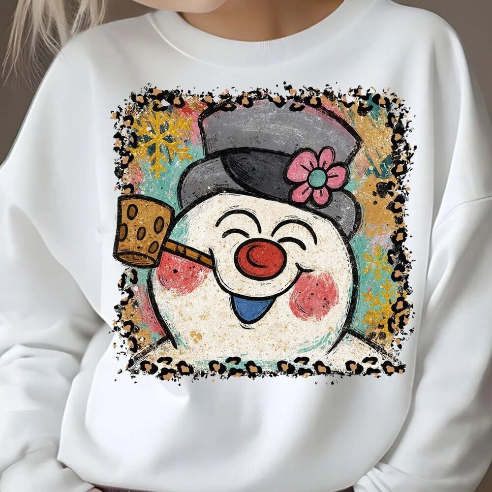 Funny Snowman Face, Leopard Border Snowman Sweatshir, Retro Frosty Christmas